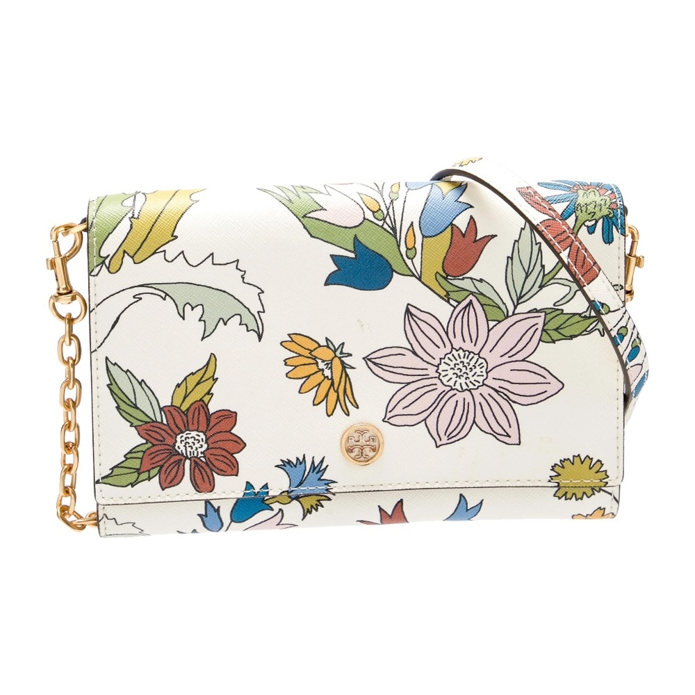 Tory Burch Ivory Floral Envelope Crossbody with Gold Chain Strap EUC!